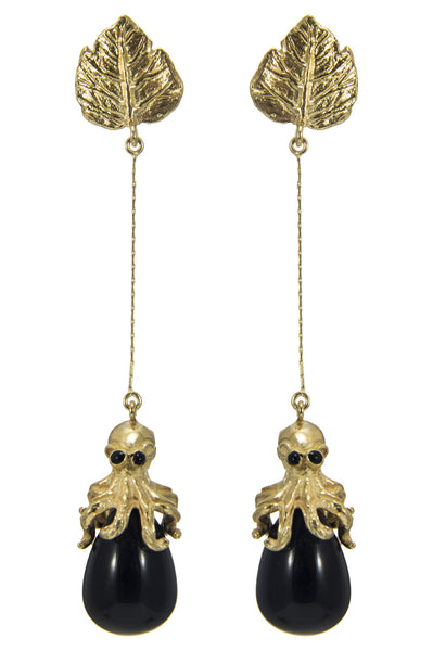 Octopus Leaf Drop Earrings in Gold & Onyx