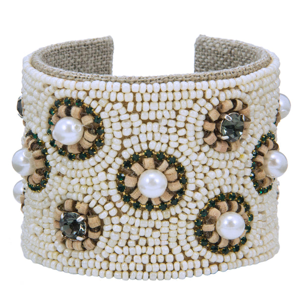 Sophia Devi Cuff in Pearl, Cork & Vintage Sapphire