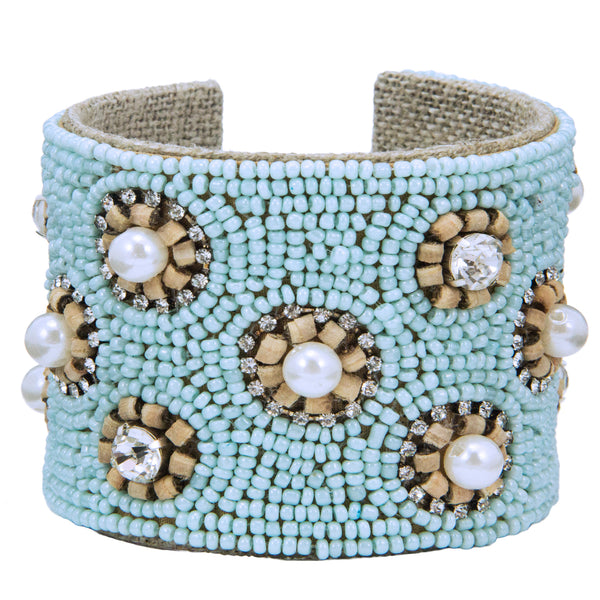 Sophia Devi Cuff in Robin's Egg Blue, Pearl, Cork & Crystal