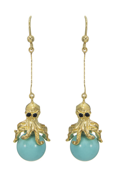 Octopus Leaf Drop Earrings in Gold and Turq