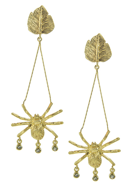 Spider Leaf Drop Earrings in Gold With Crystals