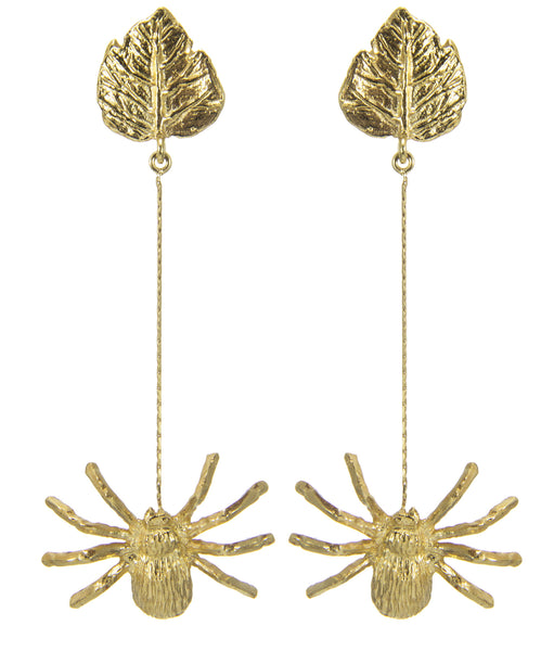 Spider Leaf Drop Earrings in Gold